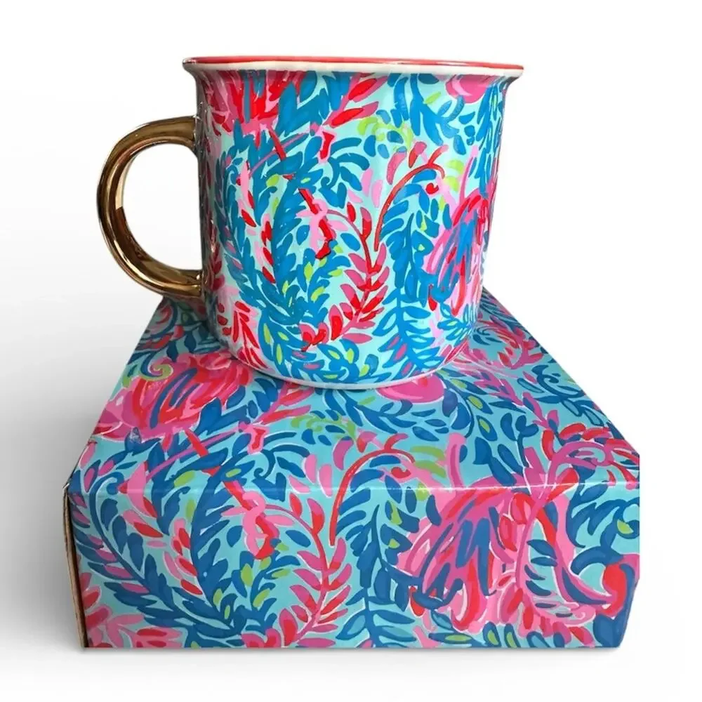 Lilly Pulitzer Holiday Print Ceramic‎ Mug w/ Gold Handle • Boxed New